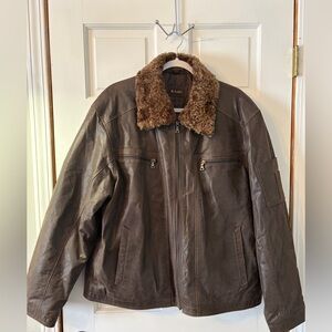 EMC Brown Leather Bomber Insulated Jacket with Faux Fur Collar (NWOT) Size XL